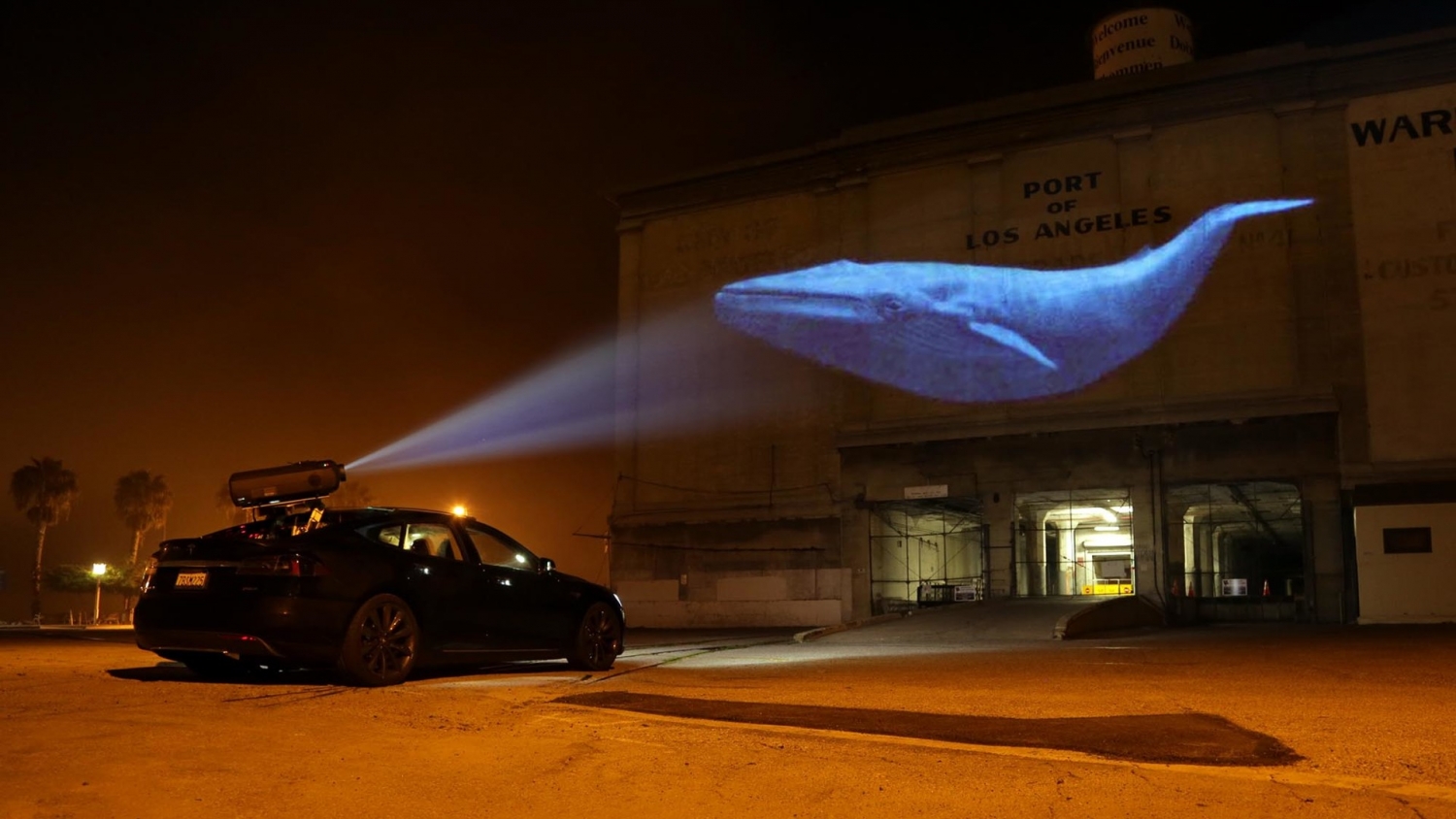 На машину компании Tesla, установили мини проектор в фильме «Гонка на вымирание»