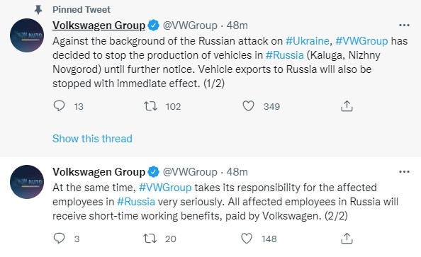 Volkswagen остановил производство машин в России